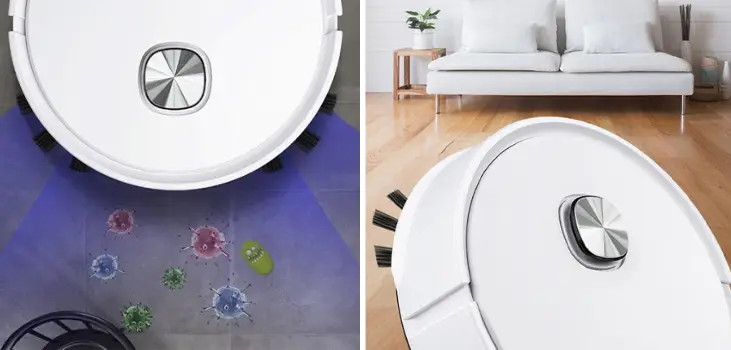 collage showing Robovac Pro and germs and close up of Robovac Pro in a living room